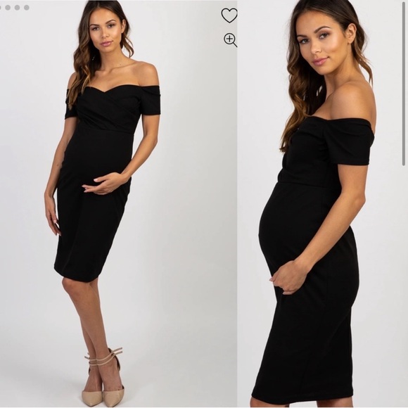 PinkBlush Black Off Shoulder Sweetheart Neckline
Maternity Fitted Mini Dress - Picture 2 of 11